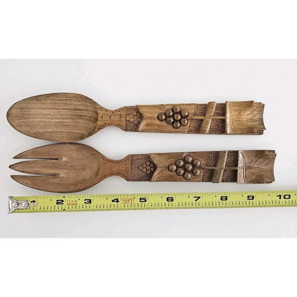 Vintage Hand Carved Wooden Salad Servers with Grape and Leaf Motifs
